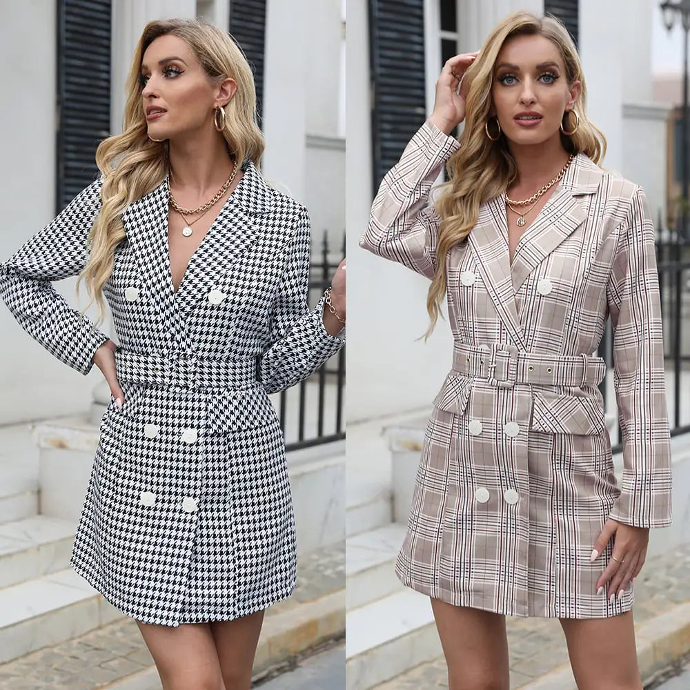 Plaid Print Lapel Suit Dress for Women