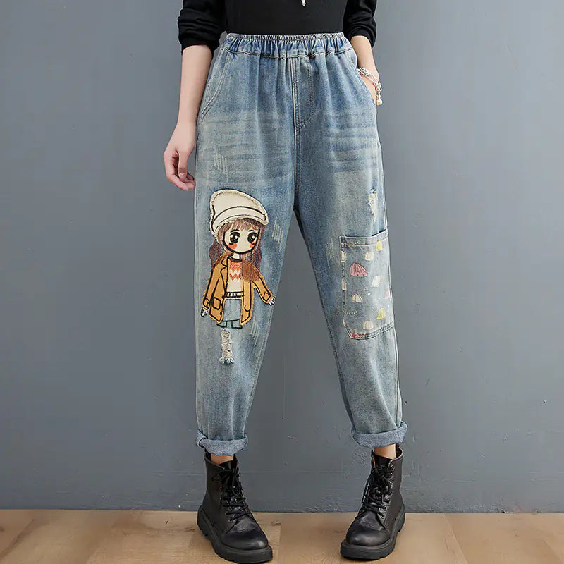 Embroidered Cartoon Stickers Jeans for Women