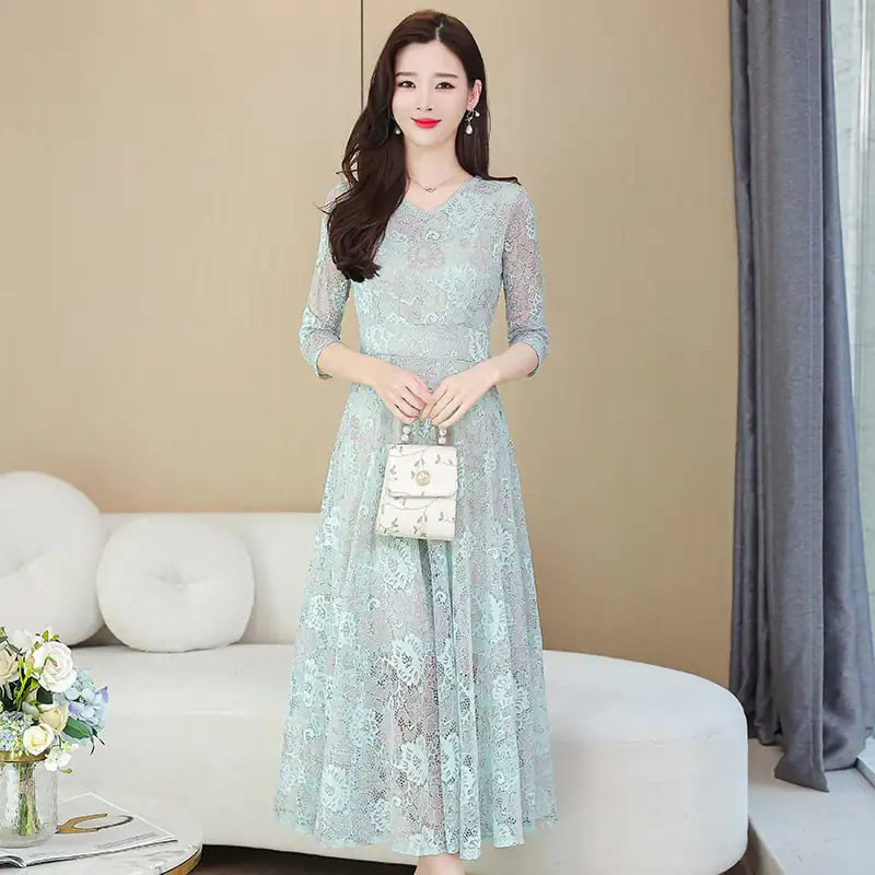 Lace Jacquard Dress for Women with Waistband