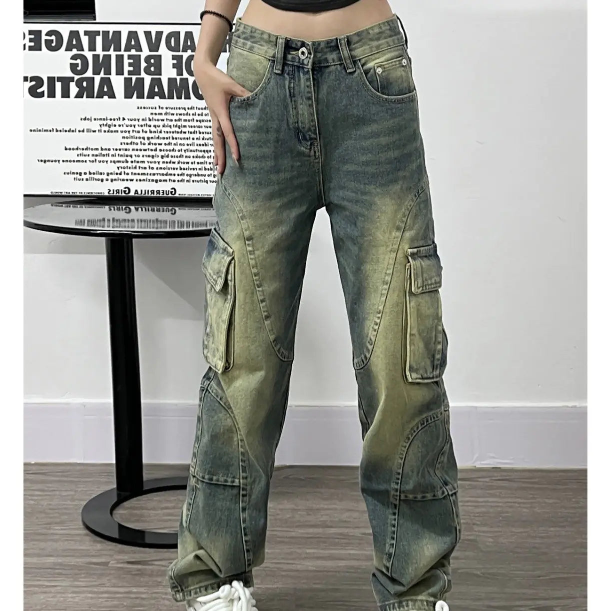 Deconstructed Design Washed Jeans for Women