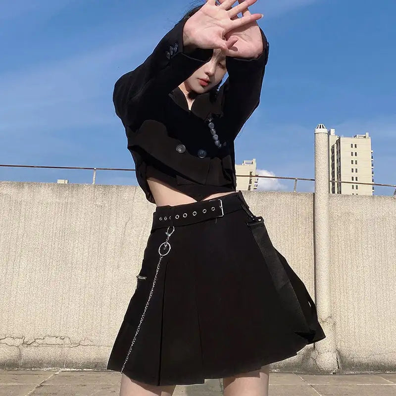 Dark High Waist Pleated Skirt for Women