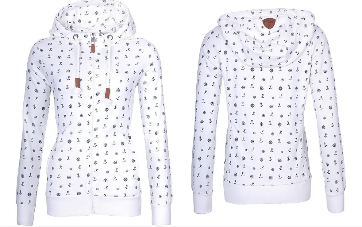 Hooded Zipper Print Fleece Sweater for Women
