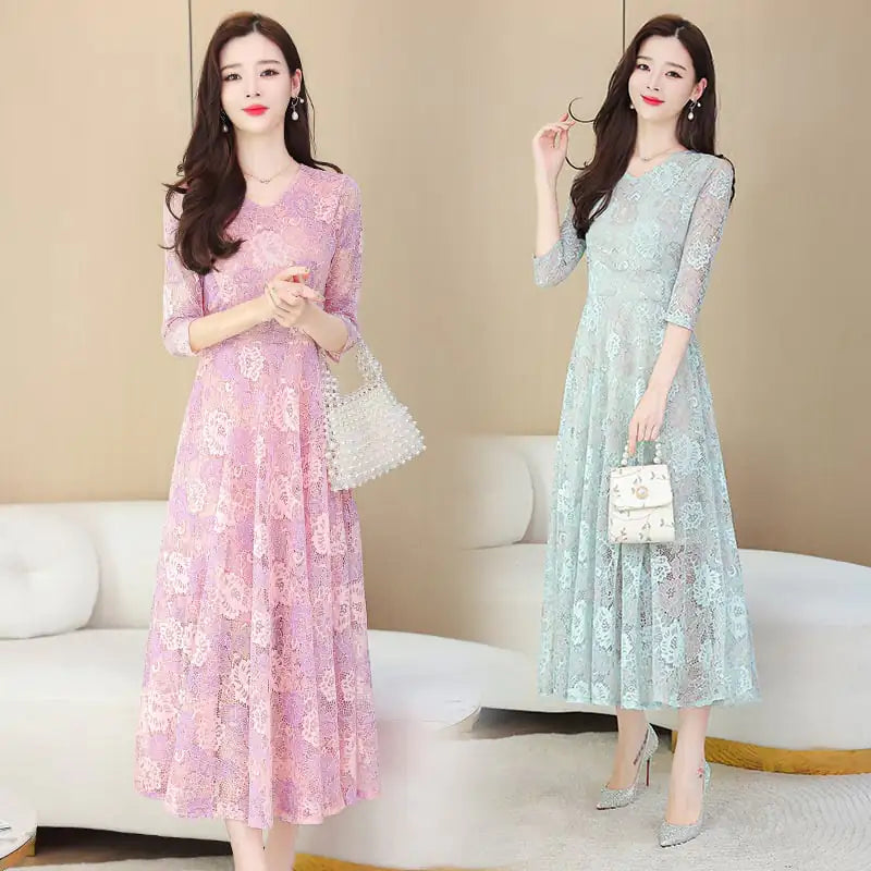 Lace Jacquard Dress for Women with Waistband