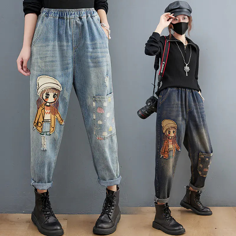 Embroidered Cartoon Stickers Jeans for Women