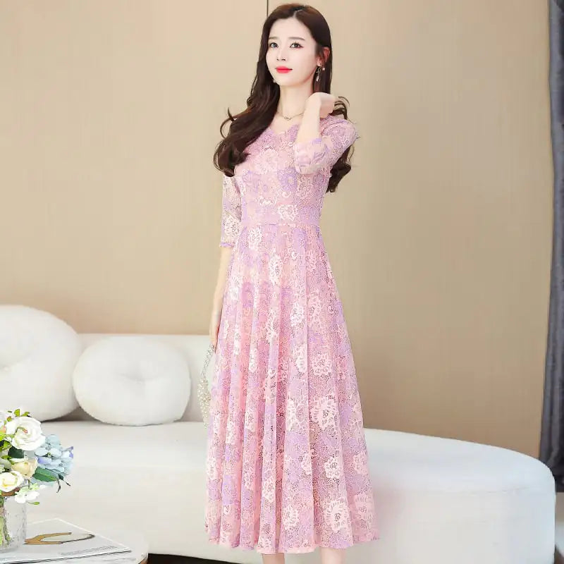 Lace Jacquard Dress for Women with Waistband
