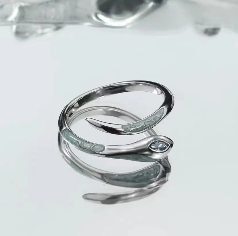 Blue Enamel Silver Snake Ring for Women Fashion