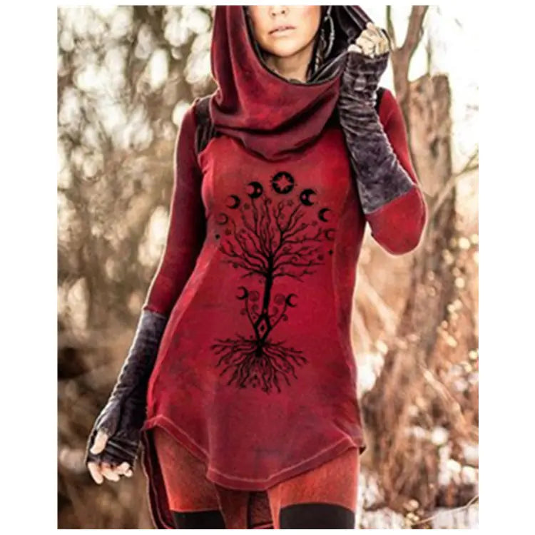 Vintage Moon Tree Print Hoodie for Women