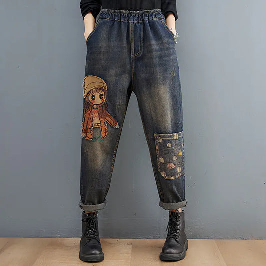 Embroidered Cartoon Stickers Jeans for Women