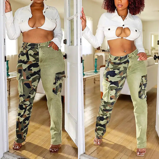 Colorblock Slim Fit Camo Jeans for Women