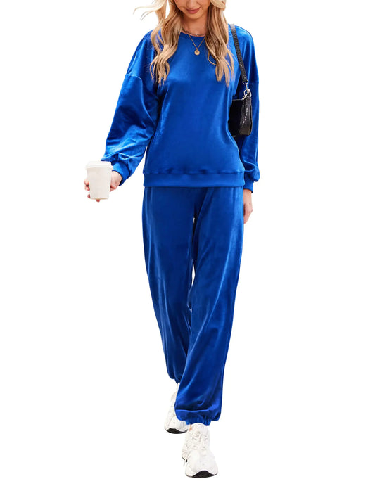 Beyove Velour Sweatsuits for Women Fall Pullover Sweater Top & Long Pants Set Warm Up Suits with Pockets Royal Blue L