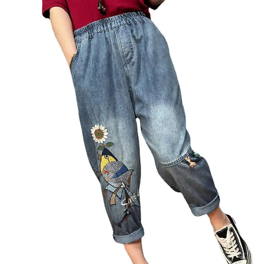Vintage Embroidered Print Jeans for Women