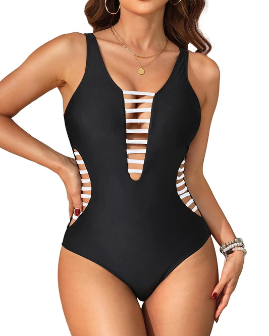 Aqua Eve Women Sexy One Piece Swimsuits Plunge Deep V Neck Cutout Bathing Suits Black White Large