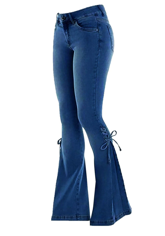 XKBHYD Women Hippie Pants Flared Jeans Y2k Petite Bell Bottom Jeans for Women Lace Up Leggings Dark Blue