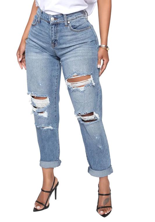BessCops Boyfriend Stretchy Jeans for Women Mom Distressed High Waisted Trendy Denim Jeans Blue