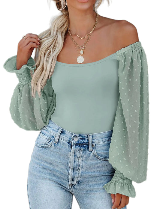 Zeagoo Women Long Sleeve Off Shoulder Bodysuit Square Neck Body Suits Top Sheer Puff Sleeve Shirts Leotard