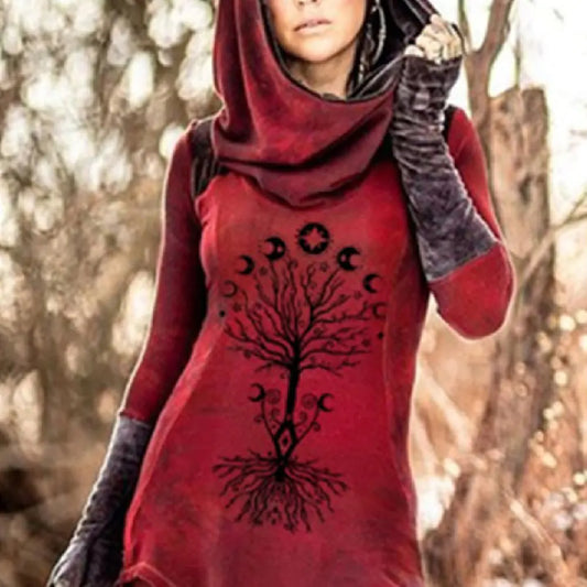 Vintage Moon Tree Print Hoodie for Women