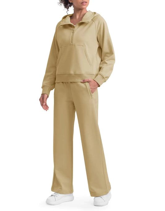 YSENTO Women Tracksuits 2 Pieces Outfits Sweat Jogging Suits Matching Sets Hoodie Crop Sweatshirt Jogger Sweatpants Apricot L
