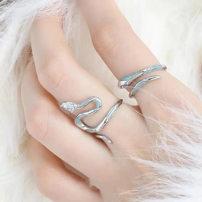 Blue Enamel Silver Snake Ring for Women Fashion